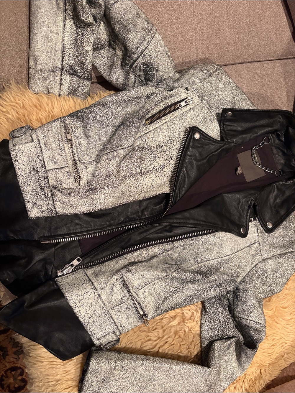 Muubaa Two-Tone Black and Light Gray Bomber-Style Leather Jacket Sz 4 moto